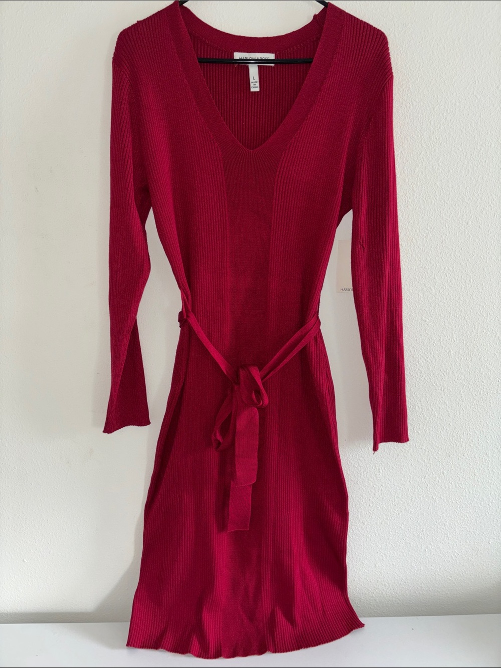 V-Neck Ribbed Tie-Waist Long Sleeve Dress